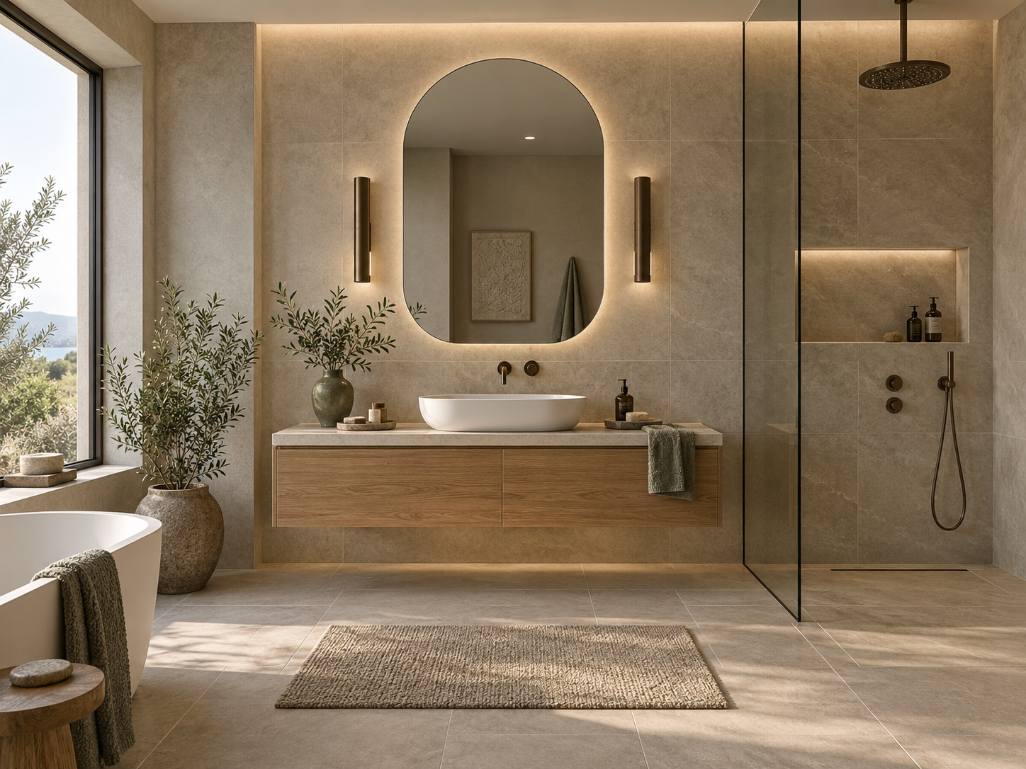 Modernes Badezimmer mit Naturstein, Holzwaschtisch und begehbarer Dusche