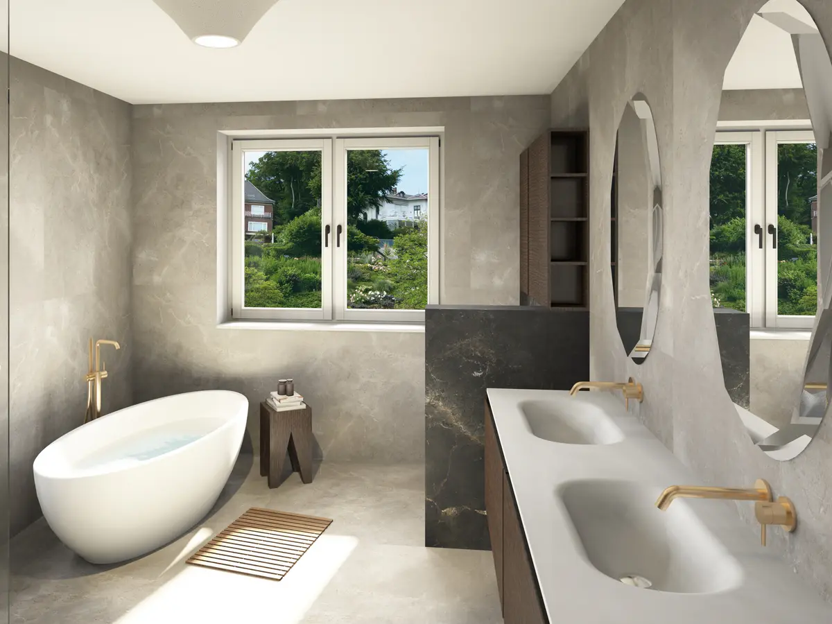 3D-Visualisierung eines Badezimmers mit freistehender Badewanne, Doppelwaschtisch und goldfarbenen Armaturen